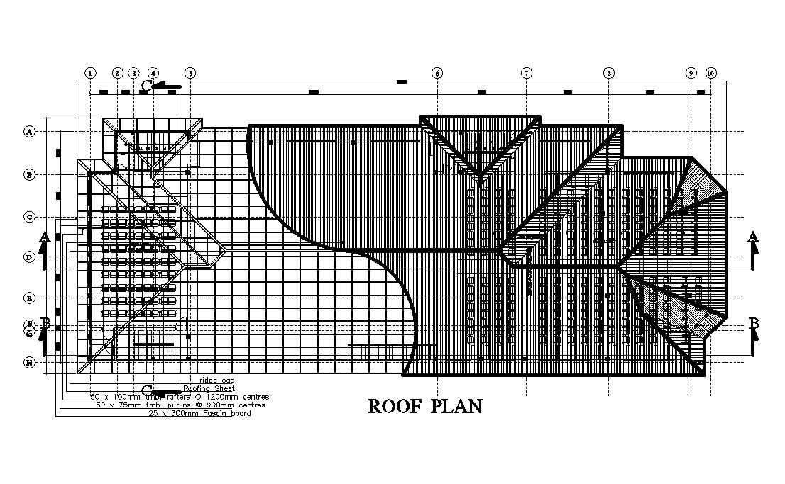Roof plan of 45x18m church is given in this Autocad drawing file. Download now.