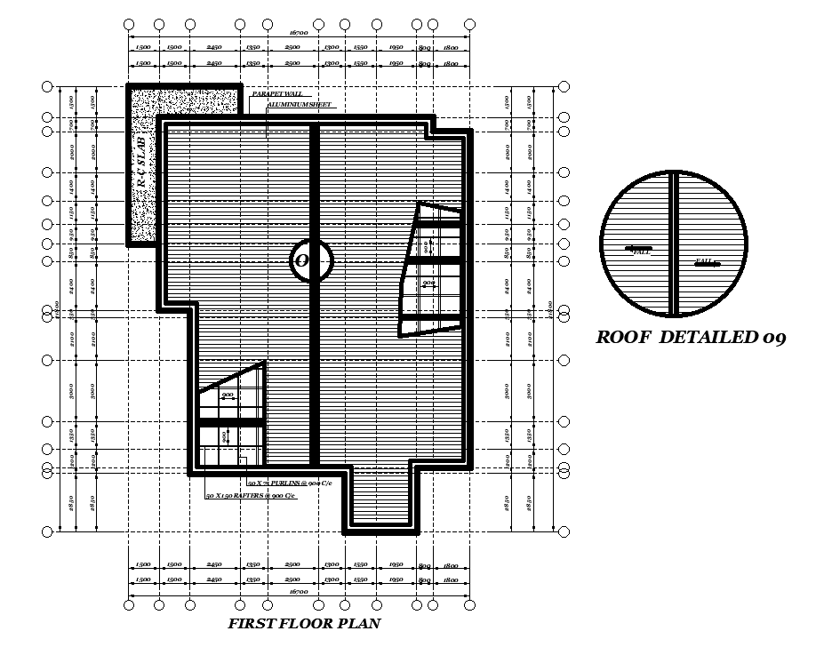 Roof plan of first floor of house plan is given in this Autocad drawing file. Download now.