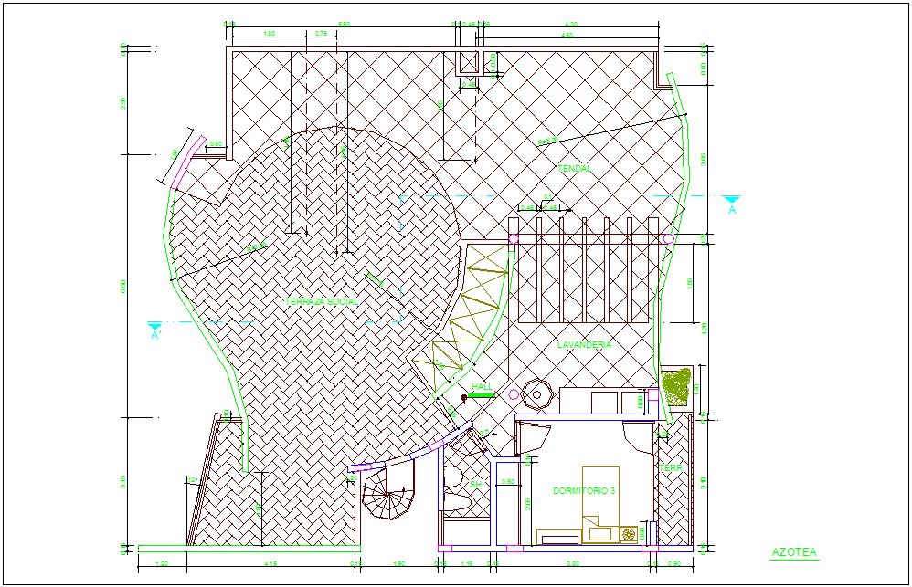 Rooftop plan of house with architecture view dwg file