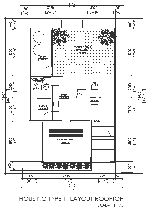 Rooftop garden design in double storey house DWG AutoCAD drawing
