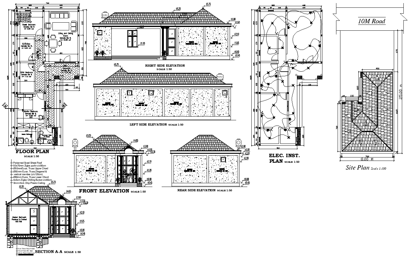 Roof type House Plan Elevation And Section DWG AutoCAD file
