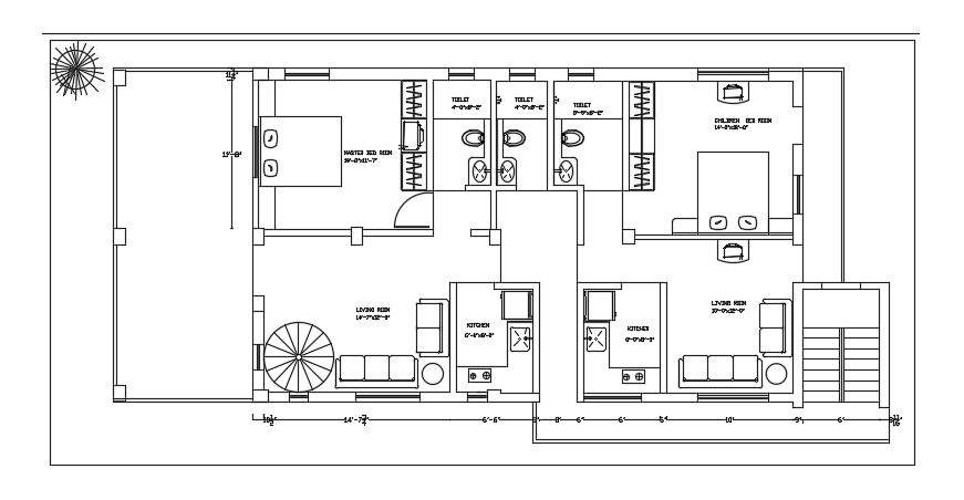 Room detail of the 57’x26’ house plan AutoCAD drawing