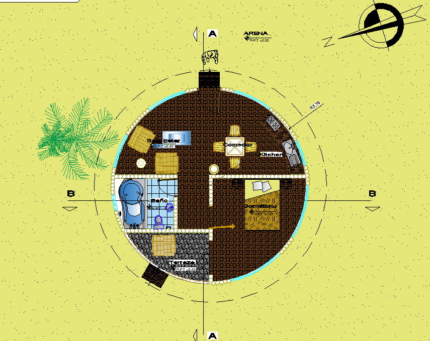 Round shape building house plan autocad file