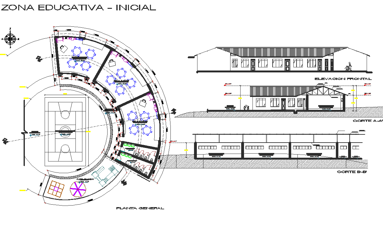 Round shape building plan, elevation and section detail dwg file