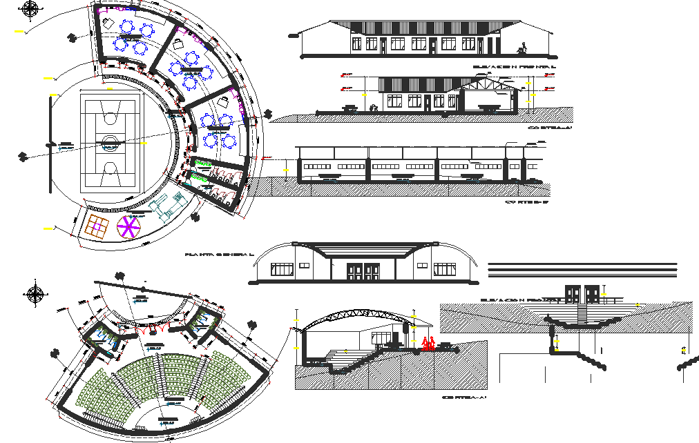 Round shape building plan, elevation and section detail dwg file