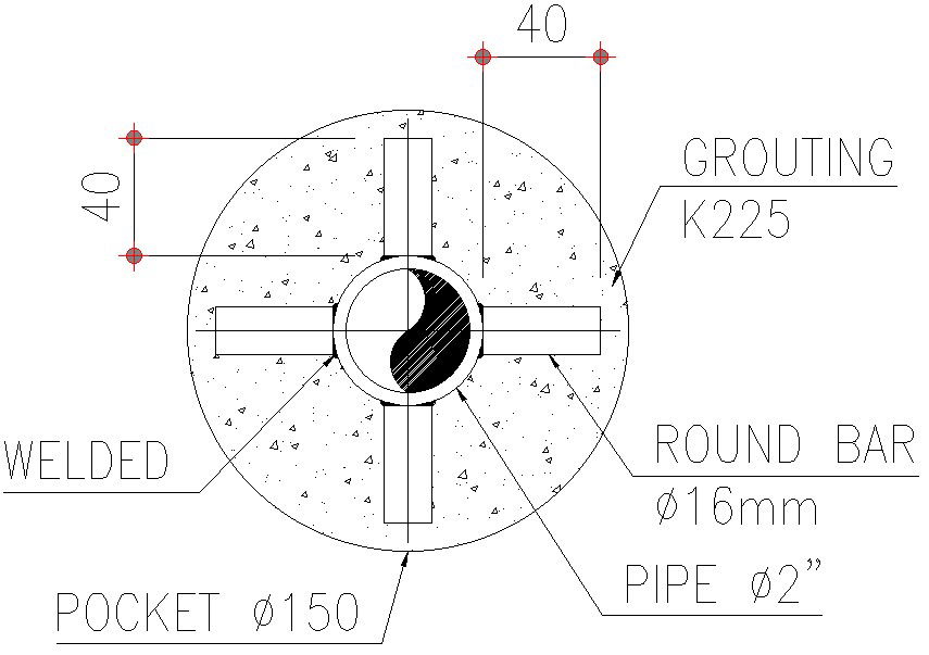 Round bar and grouting details in AutoCAD, dwg file.