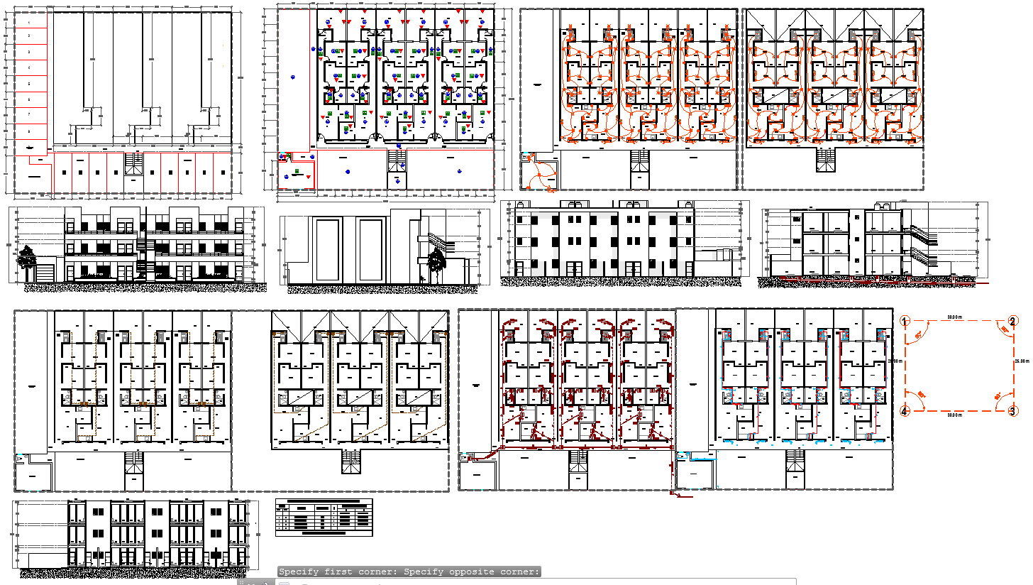Row house architecture plan and elevations in autocad dwg files
