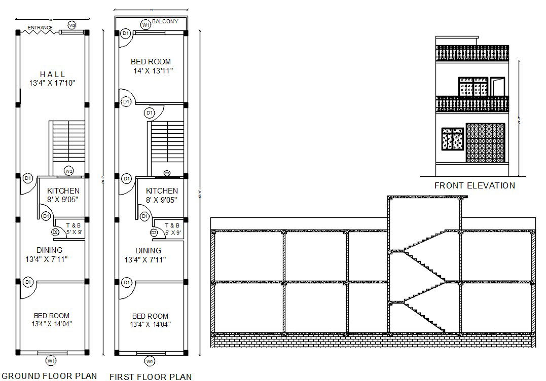 Row House Plans In 1000 Sq Ft AutoCAD File
