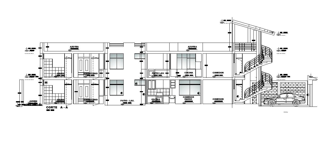 Rowhouse section detail drawing defined in this cad file. Download 2d autocad drawing file.