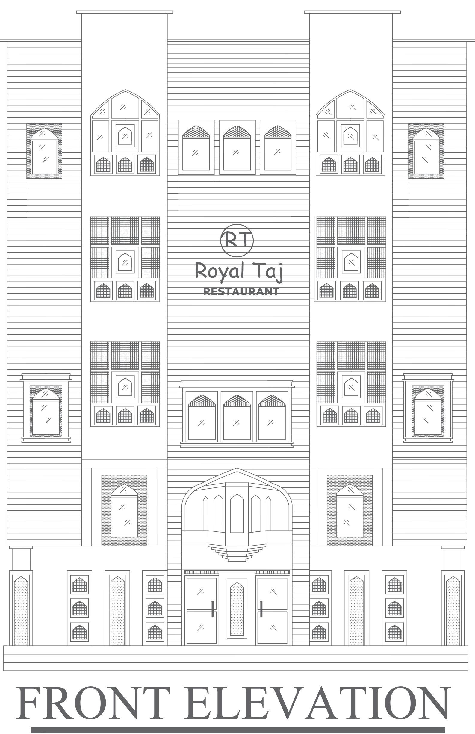 Royal Taj Restaurant front elevation detail DWG AutoCAD drawing.