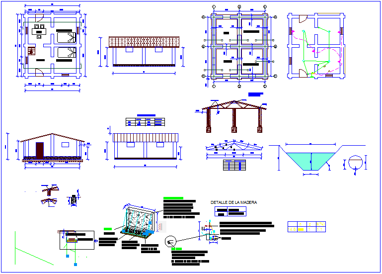Rural area house plan and section view with structural detail dwg file