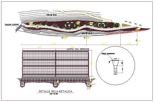Rural park landscaping and perimeter fence details dwg file
