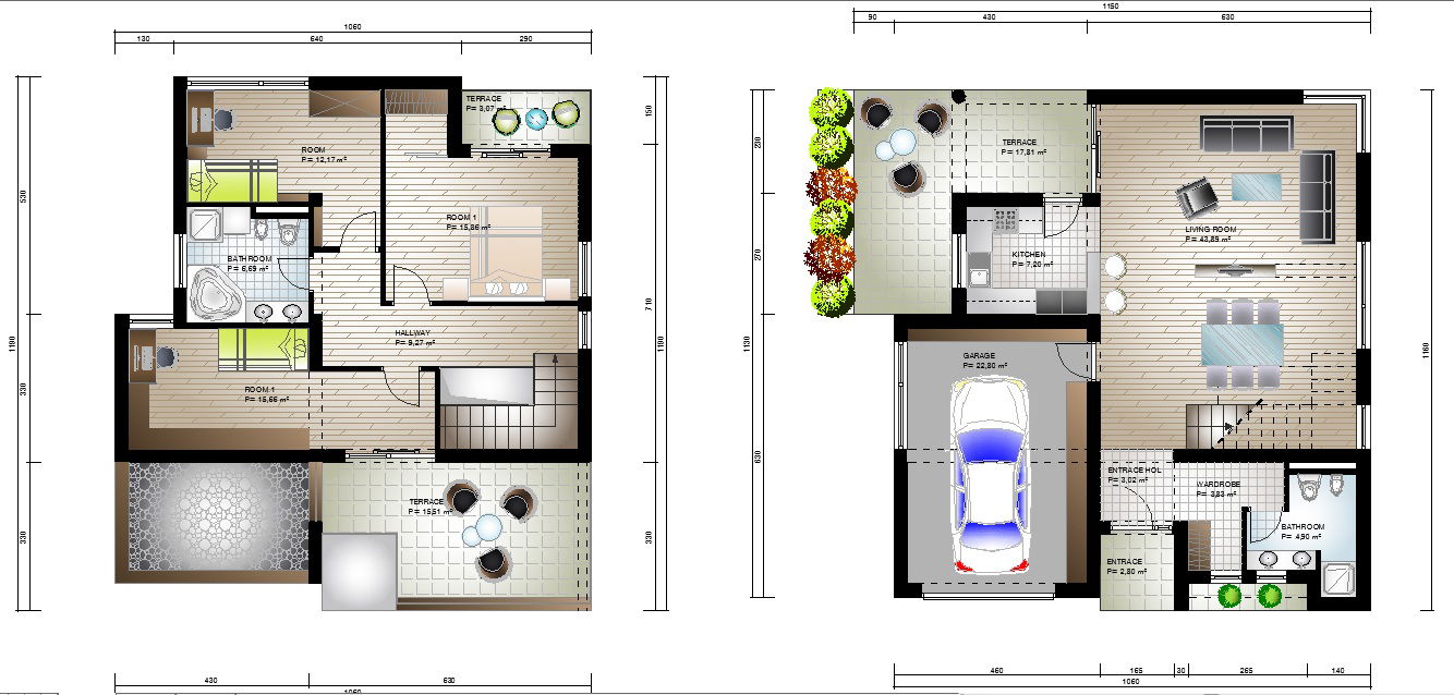 Small House DWG Drawing Plan with Terrace and Garage Details