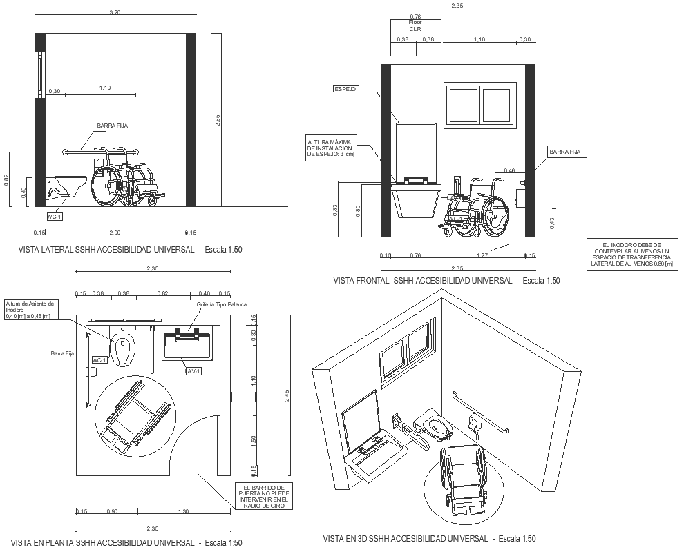 SSHH universal accessibility plan section elevation and 3D view DWG autoCAD drawing