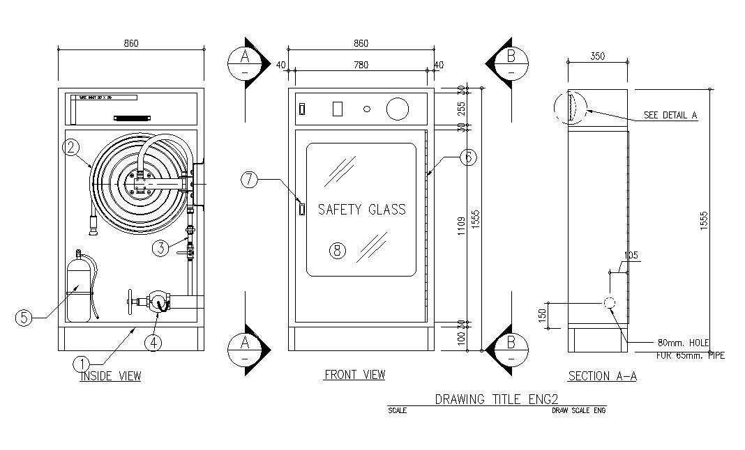 Safety glass front view is given in this Autocad drawing model. Download now.