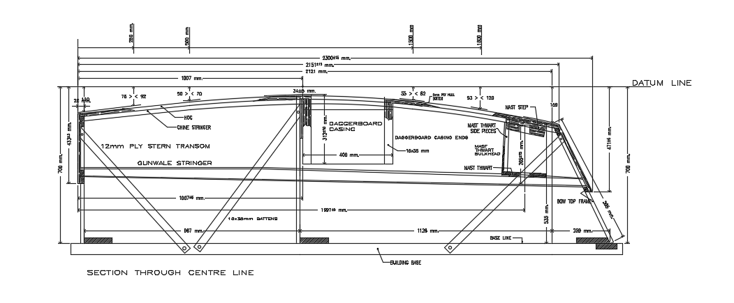 Sailboat section through center line AutoCAD drawing
