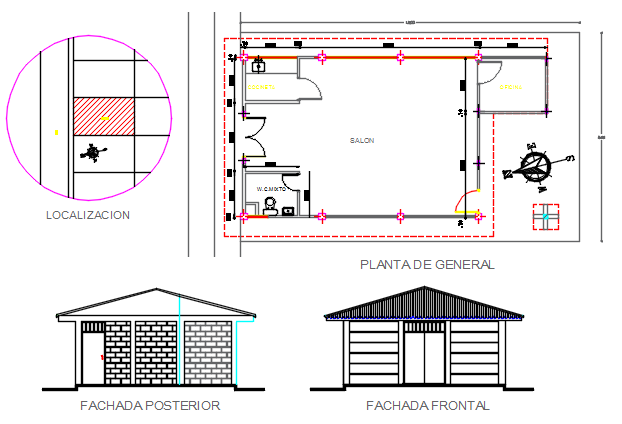 Salon Plan and elevation north direction detail dwg file