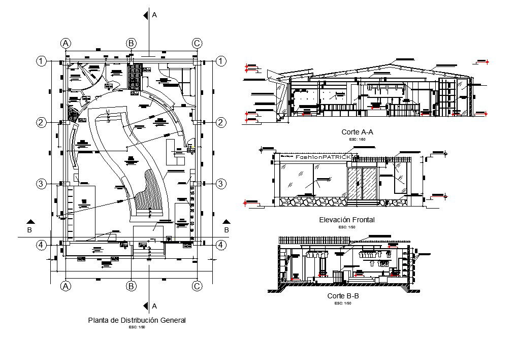 Salon with boutique elevation, section and distribution plan details dwg file
