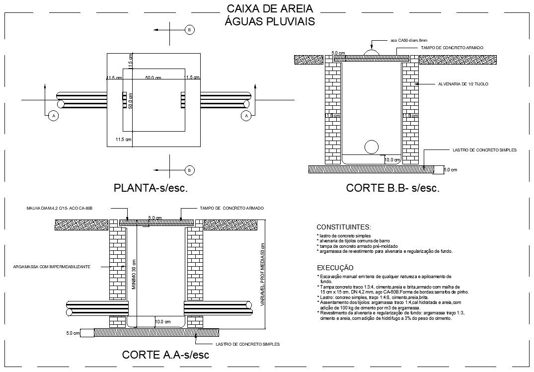 Sandbox and rain water details in AutoCAD, dwg file.