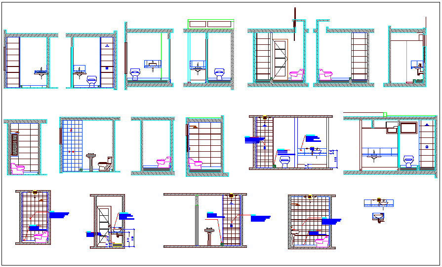 Sanitary design view of different types washing area dwg file