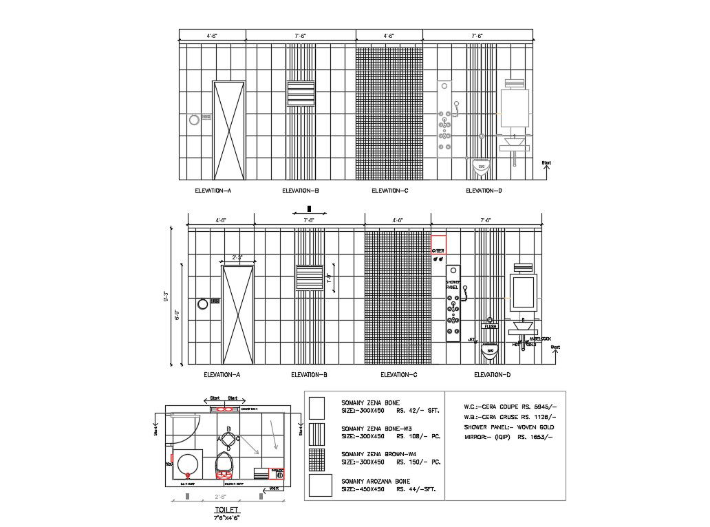 Sanitary elevation, section and installation plan cad drawing details dwg file