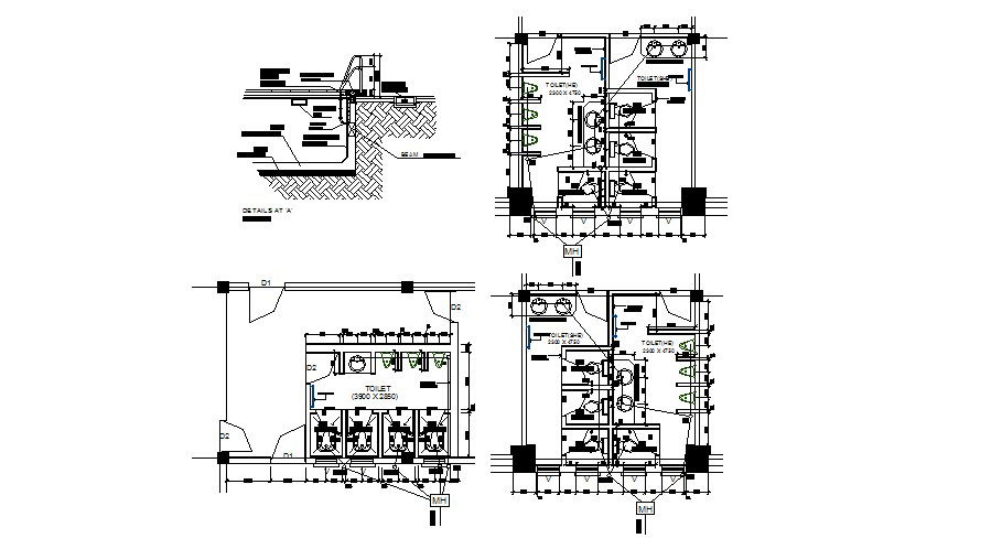 Sanitary facilities plan and installation details of swimming pool dwg file