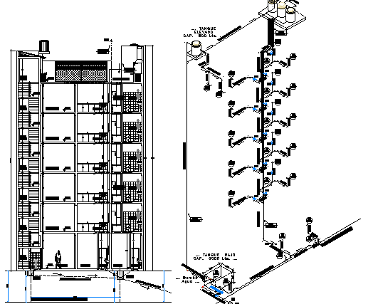 Sanitary installation and isometric view of multi-flooring housing building dwg file