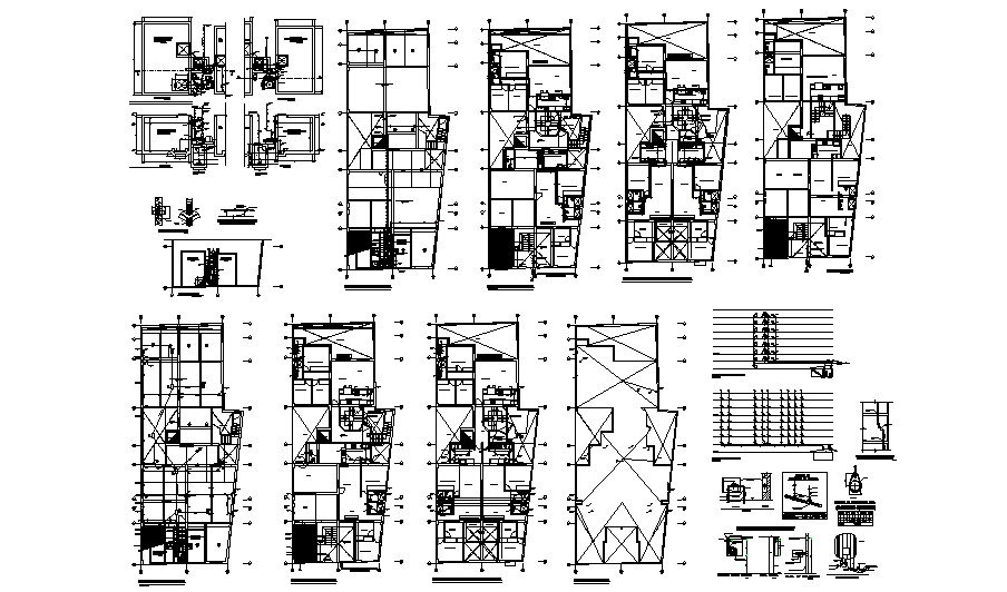 Sanitary installation details of all floors of apartment building with plan dwg file