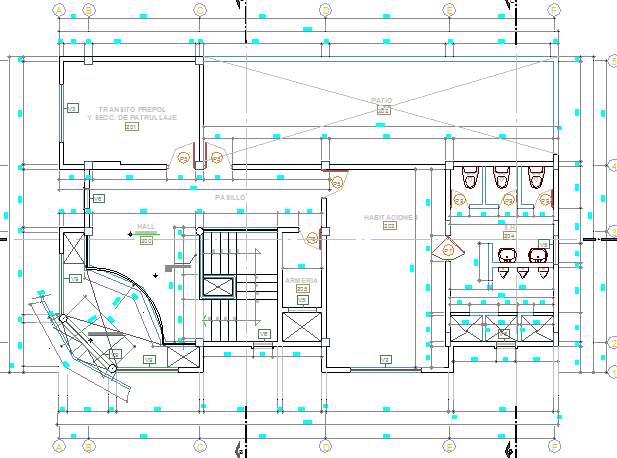 Sanitary installation details of local civil security office, structure details dwg file