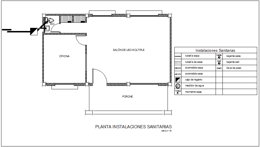 Sanitary installation floor plan with detail for community center dwg file