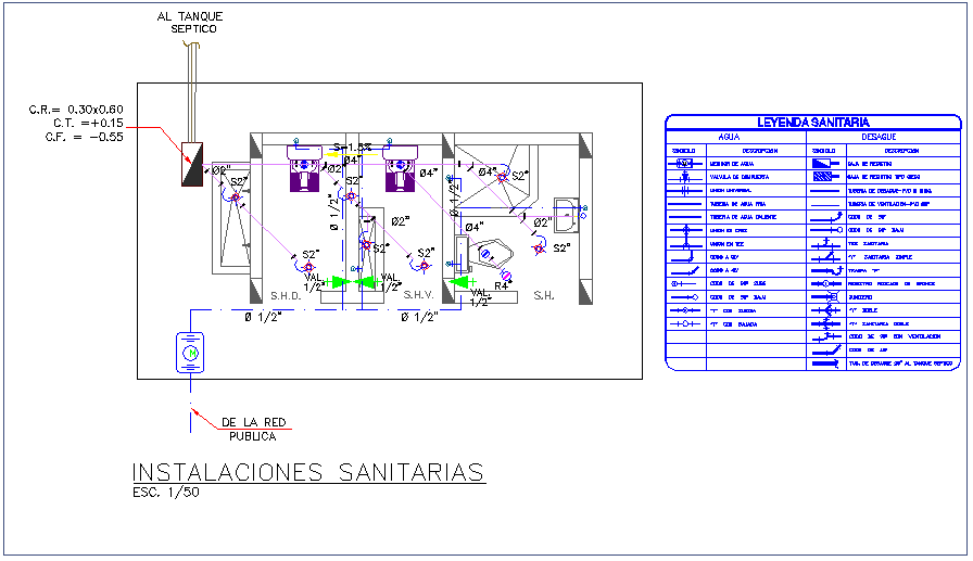 Sanitary installation floor plan with detail for community center dwg file