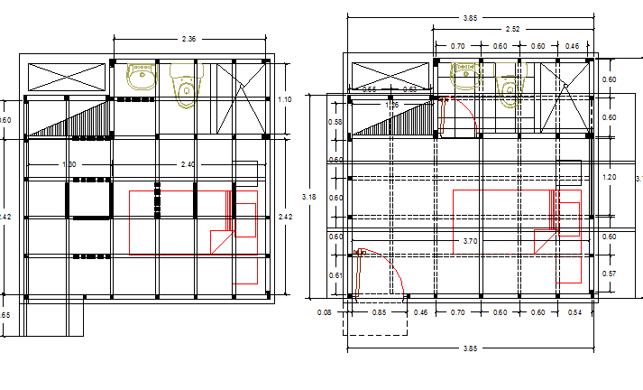 Sanitary installation of two bedrooms with plan dwg file