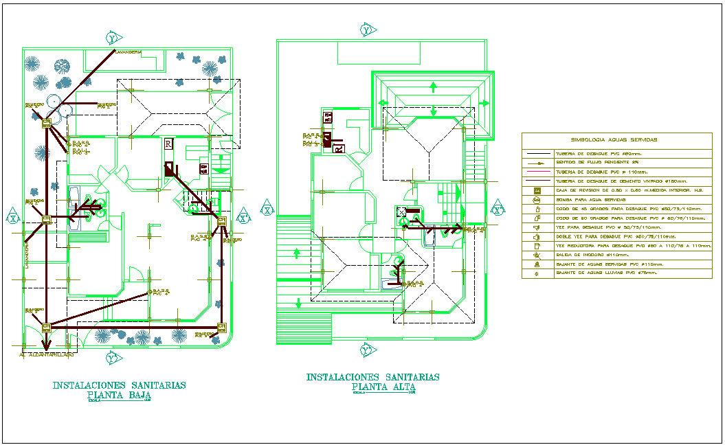 Sanitary installation view of bungalows floor plan dwg file