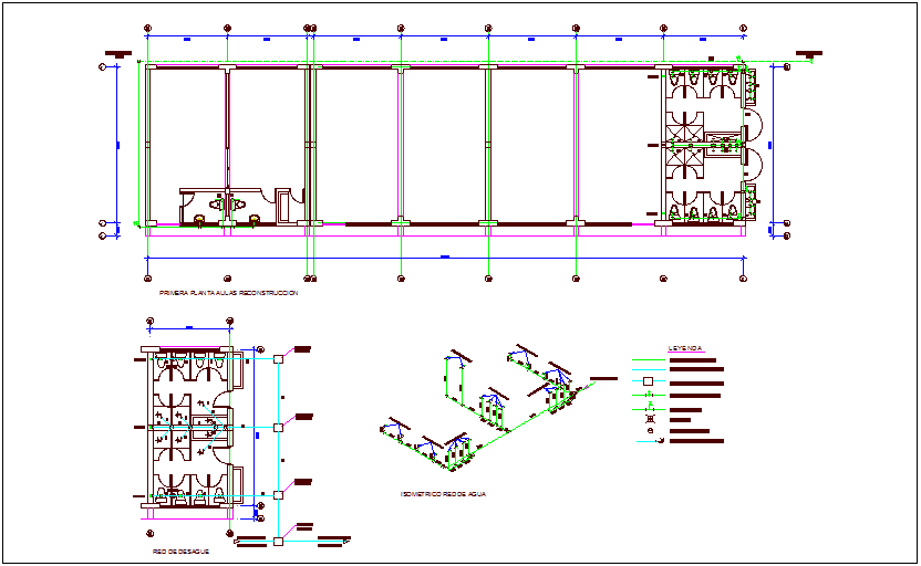 Sanitary installation view of classroom with its legend and isometric view dwg file