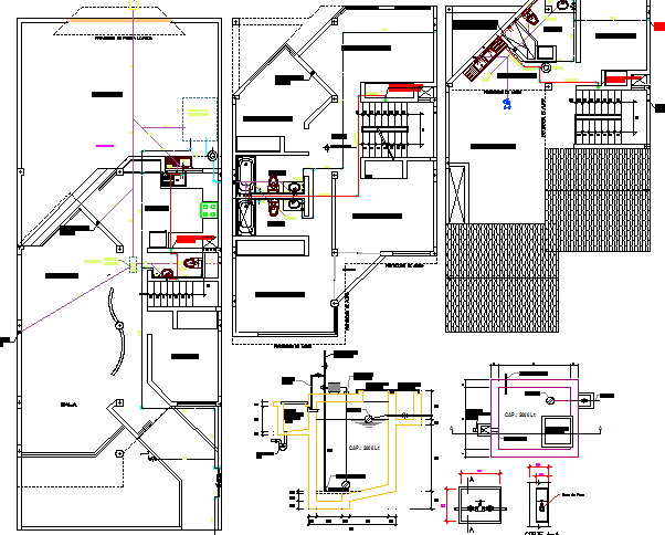 Sanitary installation with plan of multi-level house dwg file