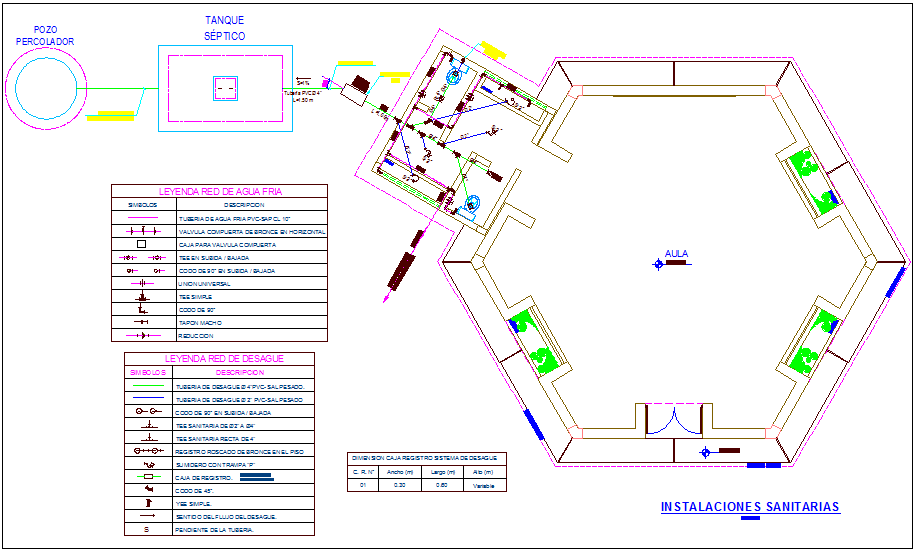 Sanitary plan with its legend of education center dwg file