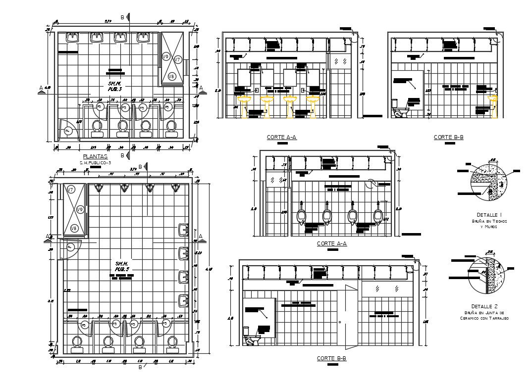 Sanitary section, plan, installation and plumbing details dwg file