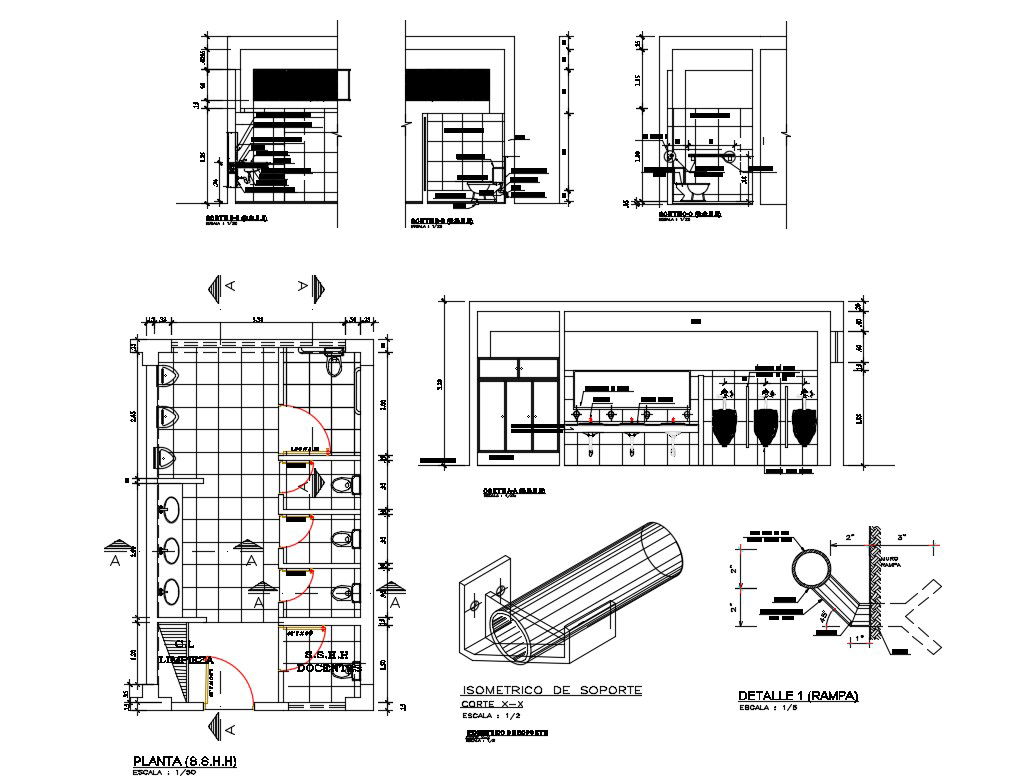 Sanitary section, plan and installation cad drawing details dwg file