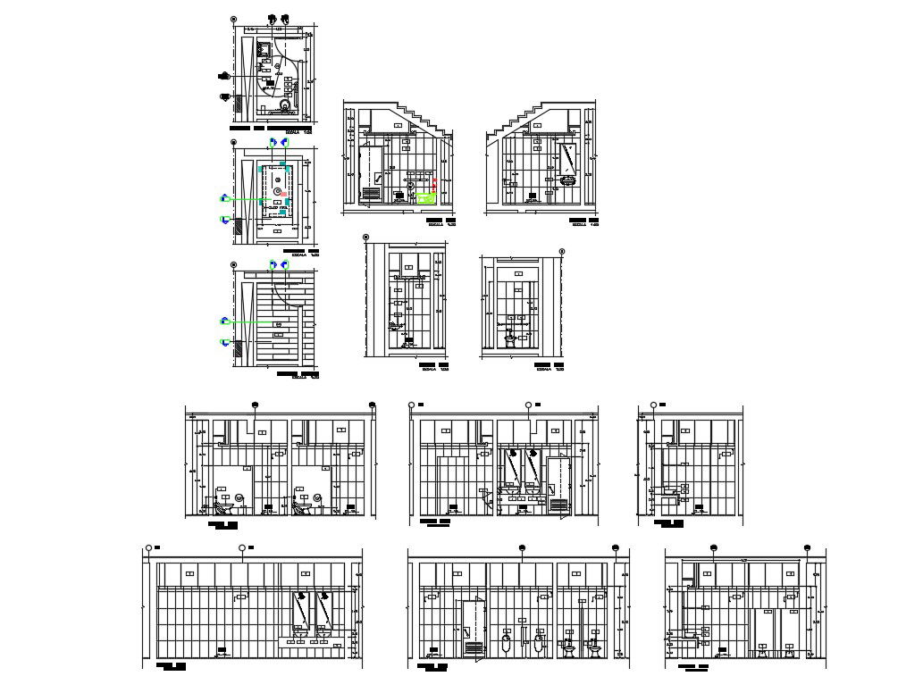 Sanitary services section, plan and doors and windows structure details dwg file