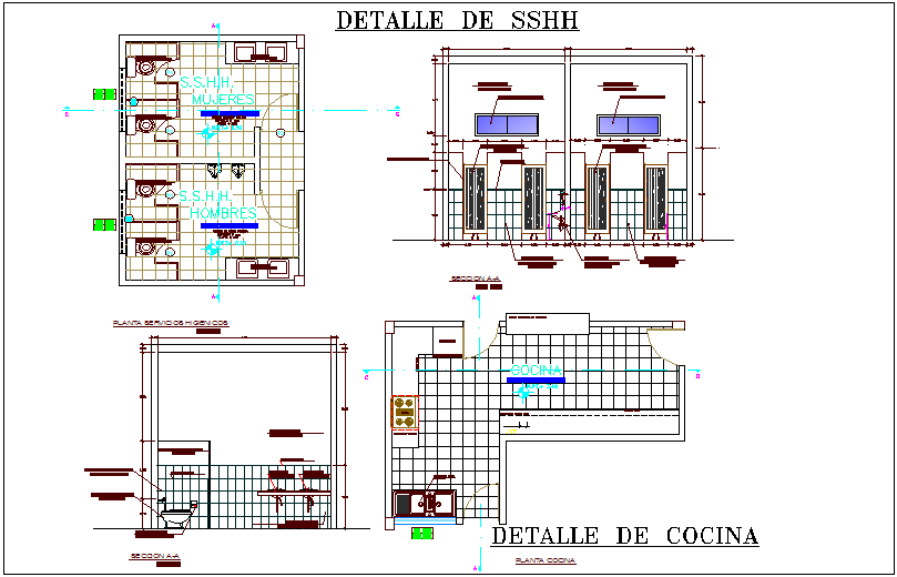 Sanitary view with kitchen plan view of city hall dwg file