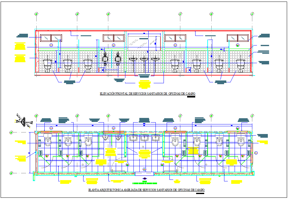Sanitary view with plan and elevation for office area dwg file
