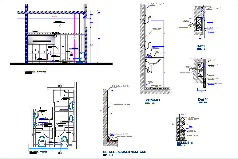 Sanitary view with plan and section view with detail for dental clinic dwg file