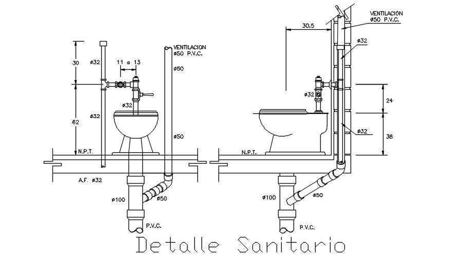 Sanitary detail is given in this Autocad drawing file. Download the Autocad drawing file.
