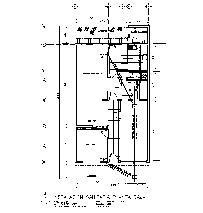 Sanitary installation of 8x17m ground floor house plan is given in this AutoCAD drawing model.Download the Autocad model.