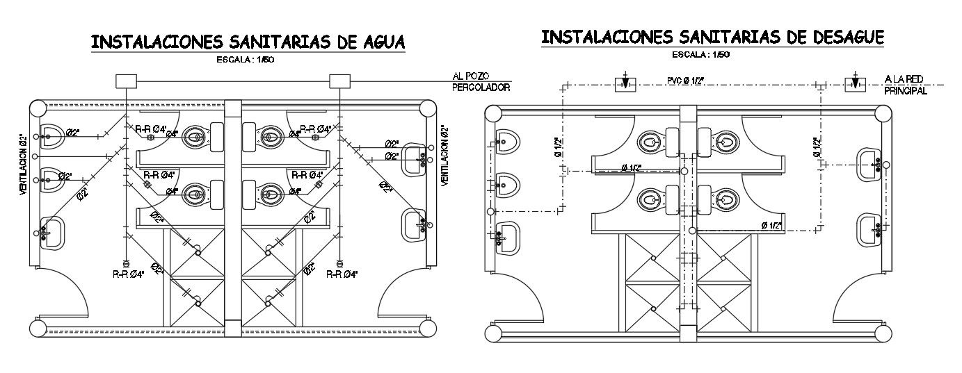Sanitary installation of the 35x25m sports complex plan of the bathroom is given in this model. Download now.