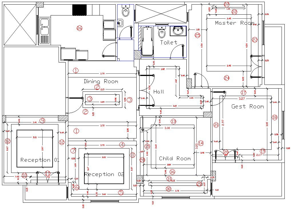 Sanitary layout of the 15x10m house plan drawing is given in this CAD file