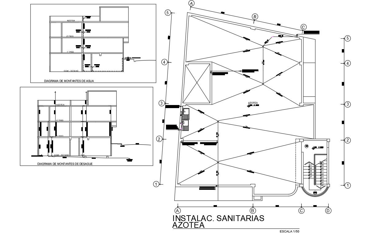 Sanitary pipe line layout of 17x15m twin house first floor plan is given in this Autocad drawing file. Download now.