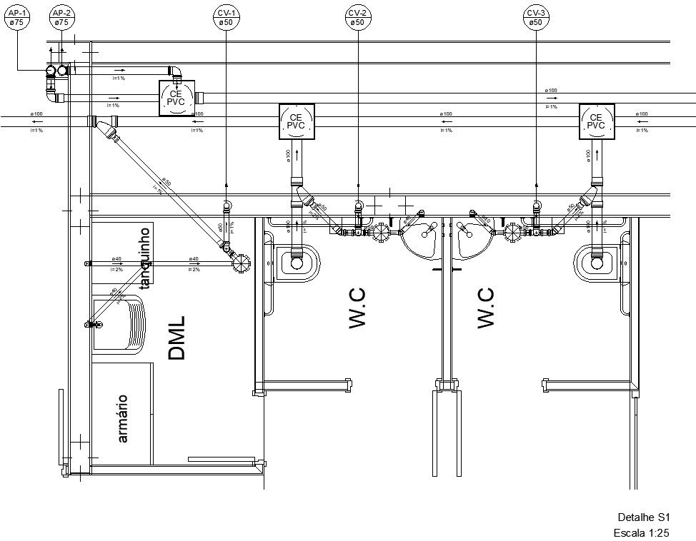 Sanitary ware piping details in AutoCAD, dwg file.
