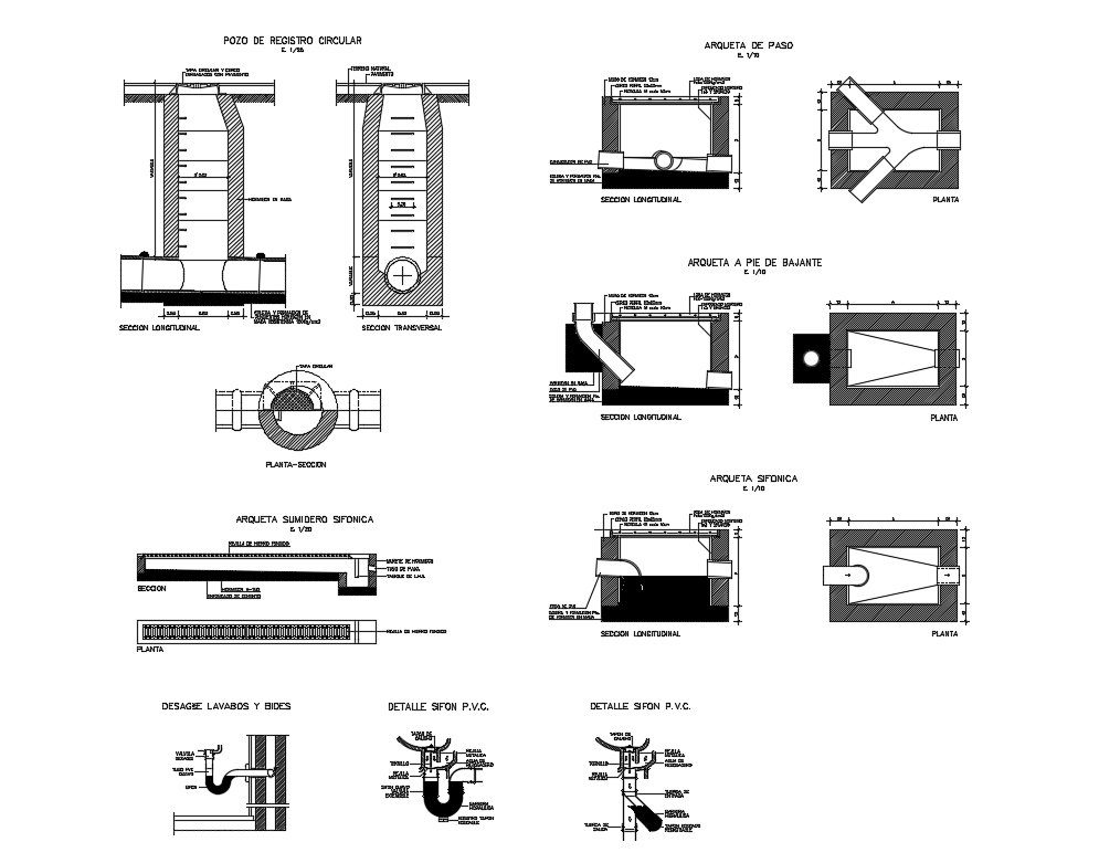 Sanitation section, installation and plumbing details dwg file