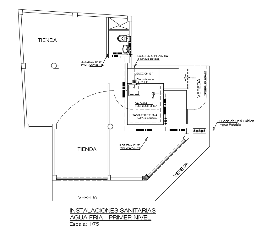 Sanitation cold drainage detail of 10x10m commercial cum staying room first floor plan is given in this Autocad drawing file.Download the Autocad model.